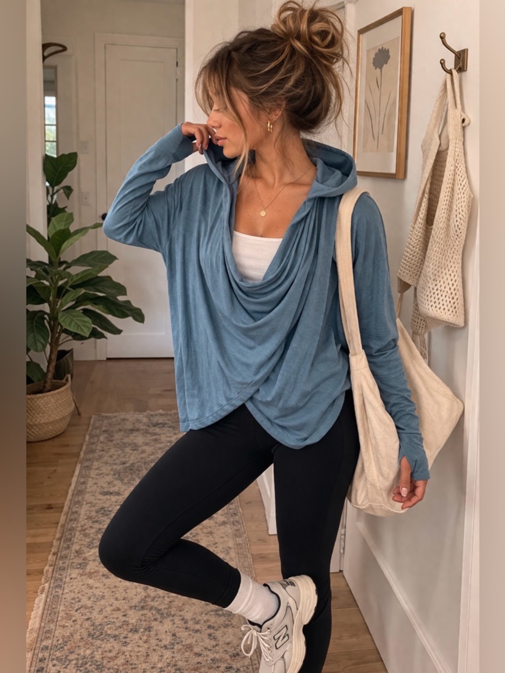 Athleta Blue Hooded Wrap Top Drape Cowl Neck Thumbhole Long Sleeve Women’s Large